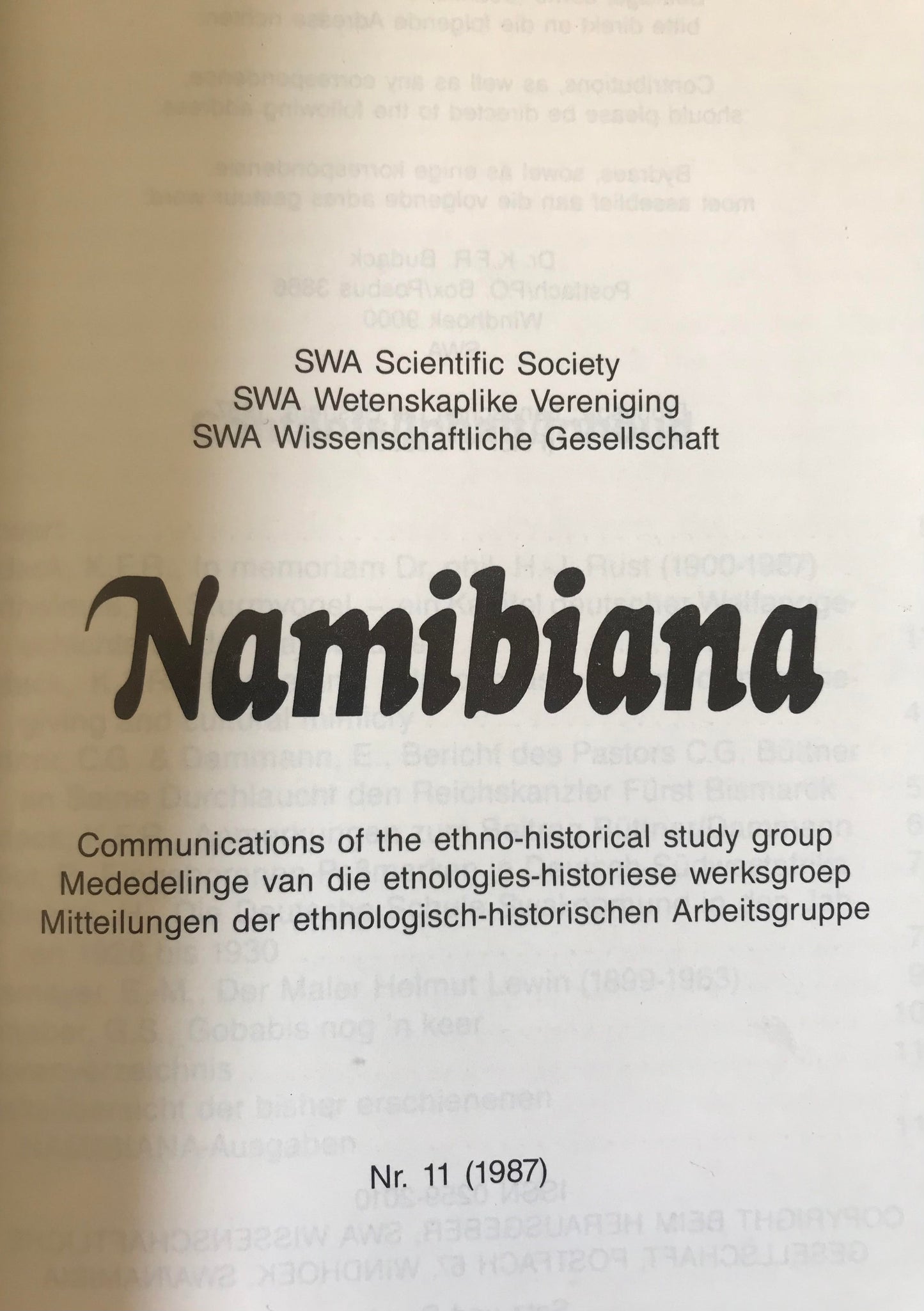 Book 2.3. Namibiana, Nr.11 - 1987 - Mitteilungen der ethnologisch-historischen Arbeitsgruppe
