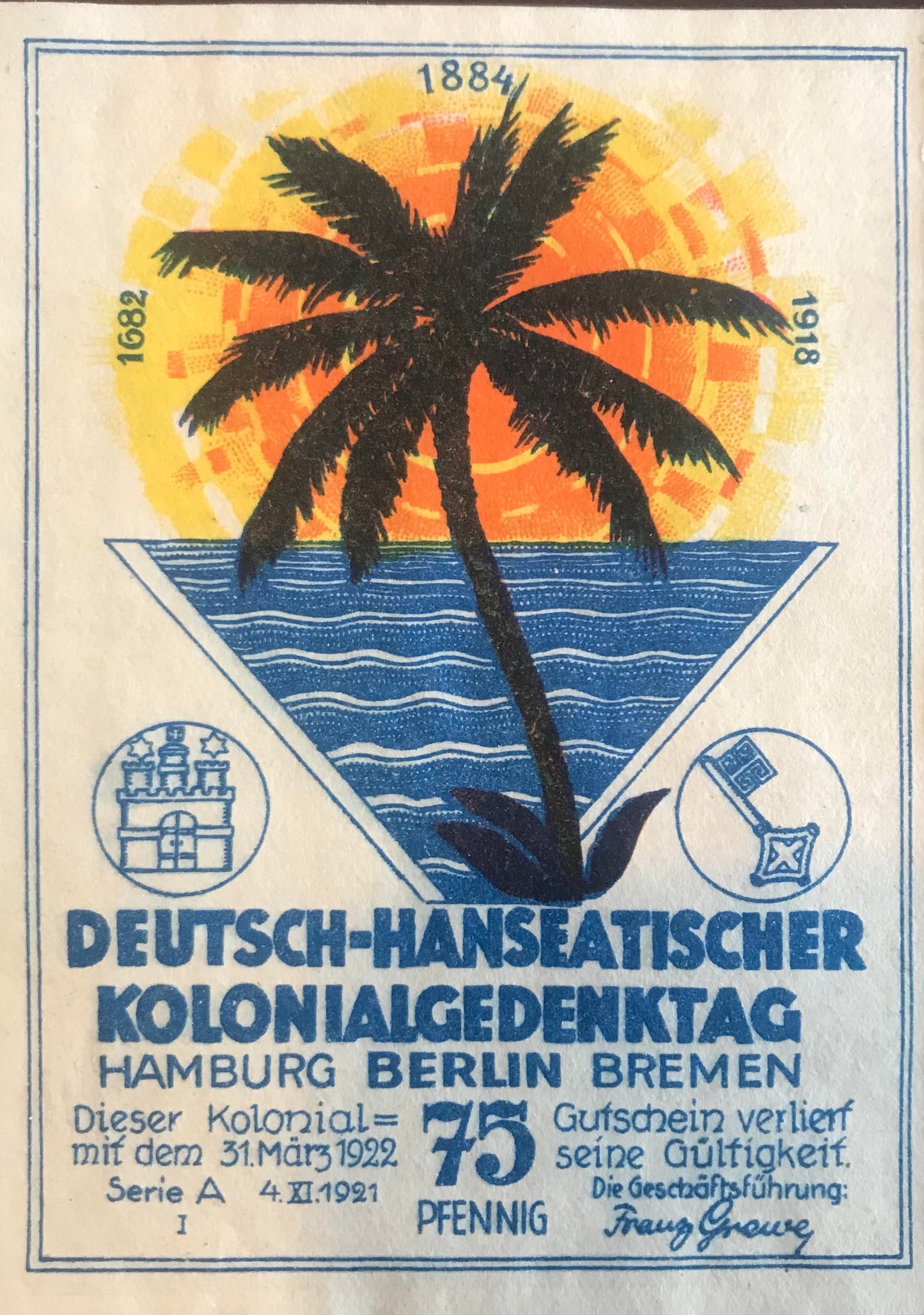 MV010 - Voucher - 75 Pfennig - GSWA - 4 September 1921 - series A / Gutschein - 75 Pfennig - DSWA - 4. September 1921