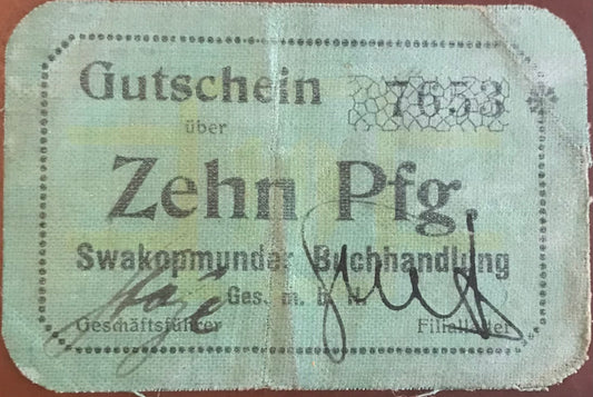 MV023 - Voucher /  Gutschein - 10 Pfennig - Swakopmunder Buchhandlung - September 1916