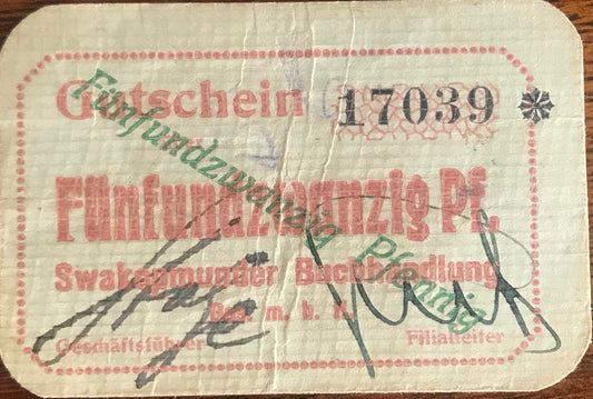 MV025 - Voucher / Gutschein - 25 Pfennig - Swakopmunder Buchhandlung - Sep.1916