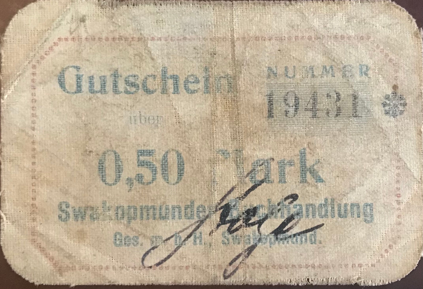 MV028 - Voucher / Gutschein - 0,50 Mark - Swakopmunder Buchhandlung - Sept.1916