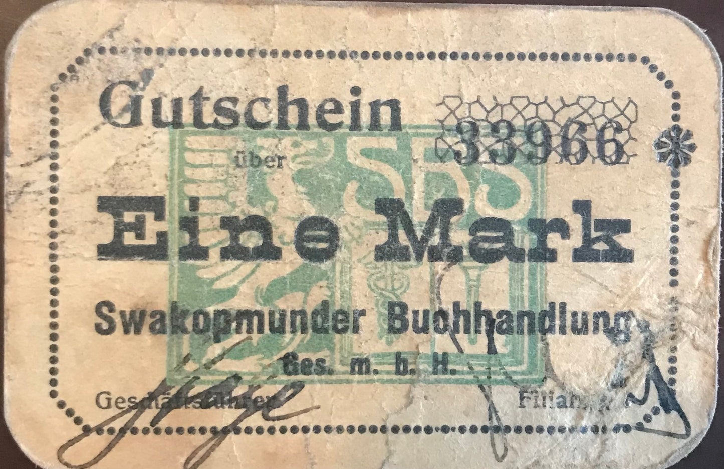MV029 - Voucher / Gutschein - 1 Mark - Swakopmunder Buchhandlung - Sept.1916