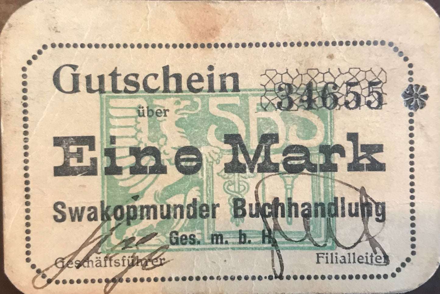 MV030 - Voucher / Gutschein - 1 Mark - Swakopmunder Buchhandlung - Sept.1916