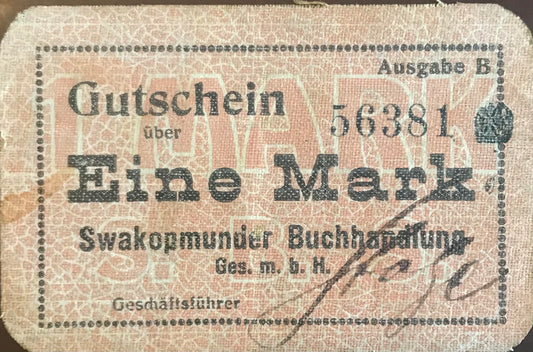 MV032 - Voucher / Gutschein - 1 Mark - Swakopmunder Buchhandlung - Sept1916