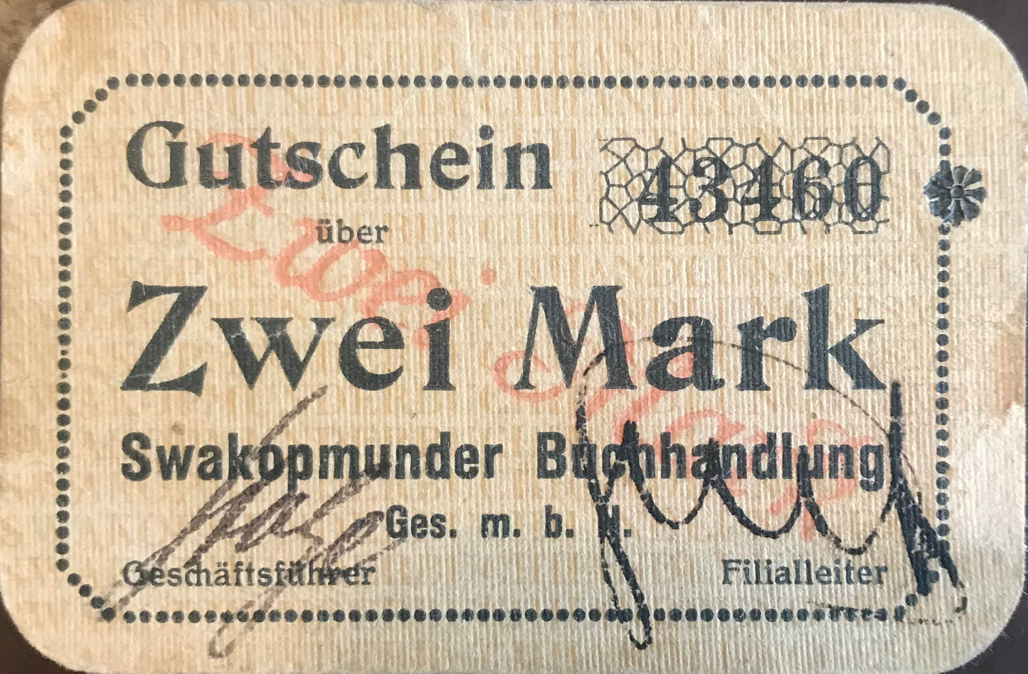 MV034 - Voucher / Gutschein - 2 Mark - Swakopmunder Buchhandlung - Sept.1916