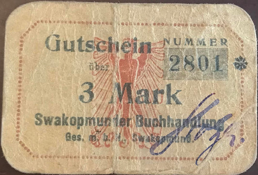 MV035 - Voucher / Gutschein - 3 Mark - Swakopmunder Buchhandlung - Sept.1916