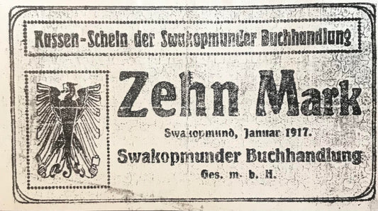 MV036 - Voucher copy / Gutscheinkopie - 10 Mark - Swakopmunder Buchhandlung - Januar 1917 -