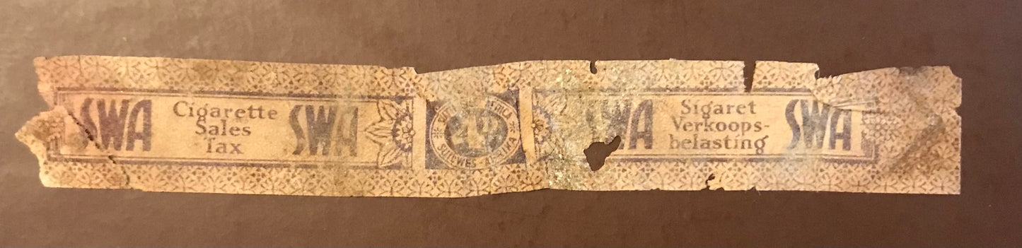 MV038 - Sales tax strip for cigarettes - SWA times - 1930's / Mehrwehrsteuer für Zigaretten - Südwestafrika