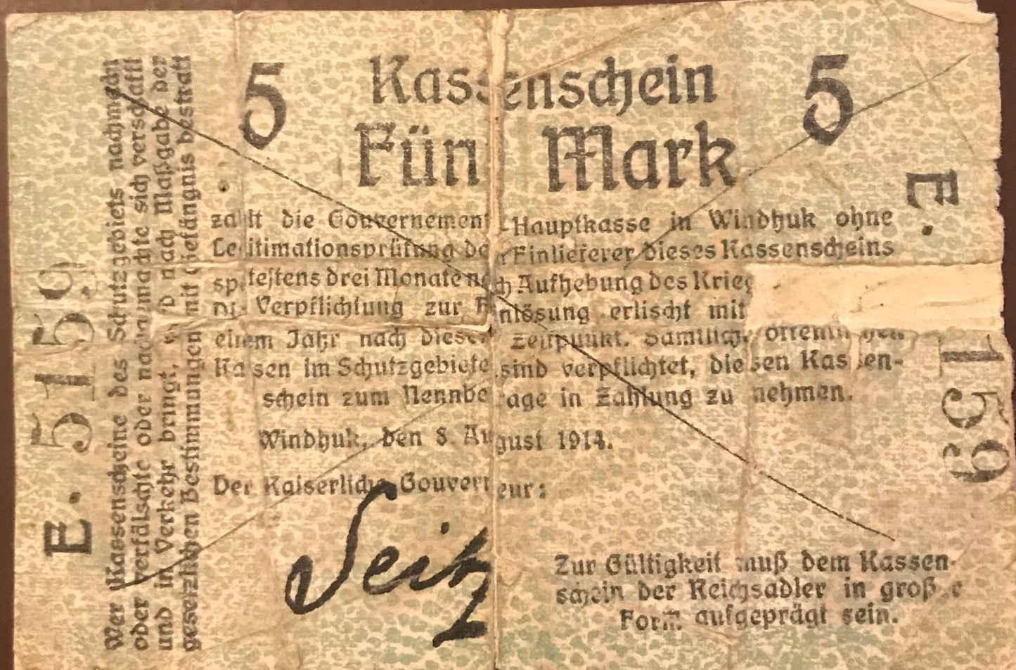 MV039 - Banknote - 5 Mark - Seitz - Aug1914 - GSWA / DSWA Banknote - 5 Mark - Seitz