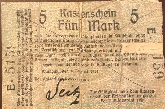 MV039 - Banknote - 5 Mark - Seitz - Aug1914 - GSWA / DSWA Banknote - 5 Mark - Seitz