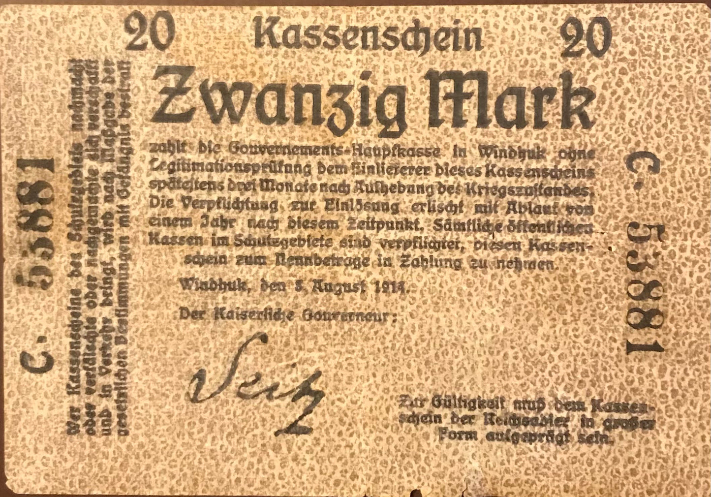 MV040 - Banknote - Seitz Kassenschein - 20 Mark - Aug.1914 -