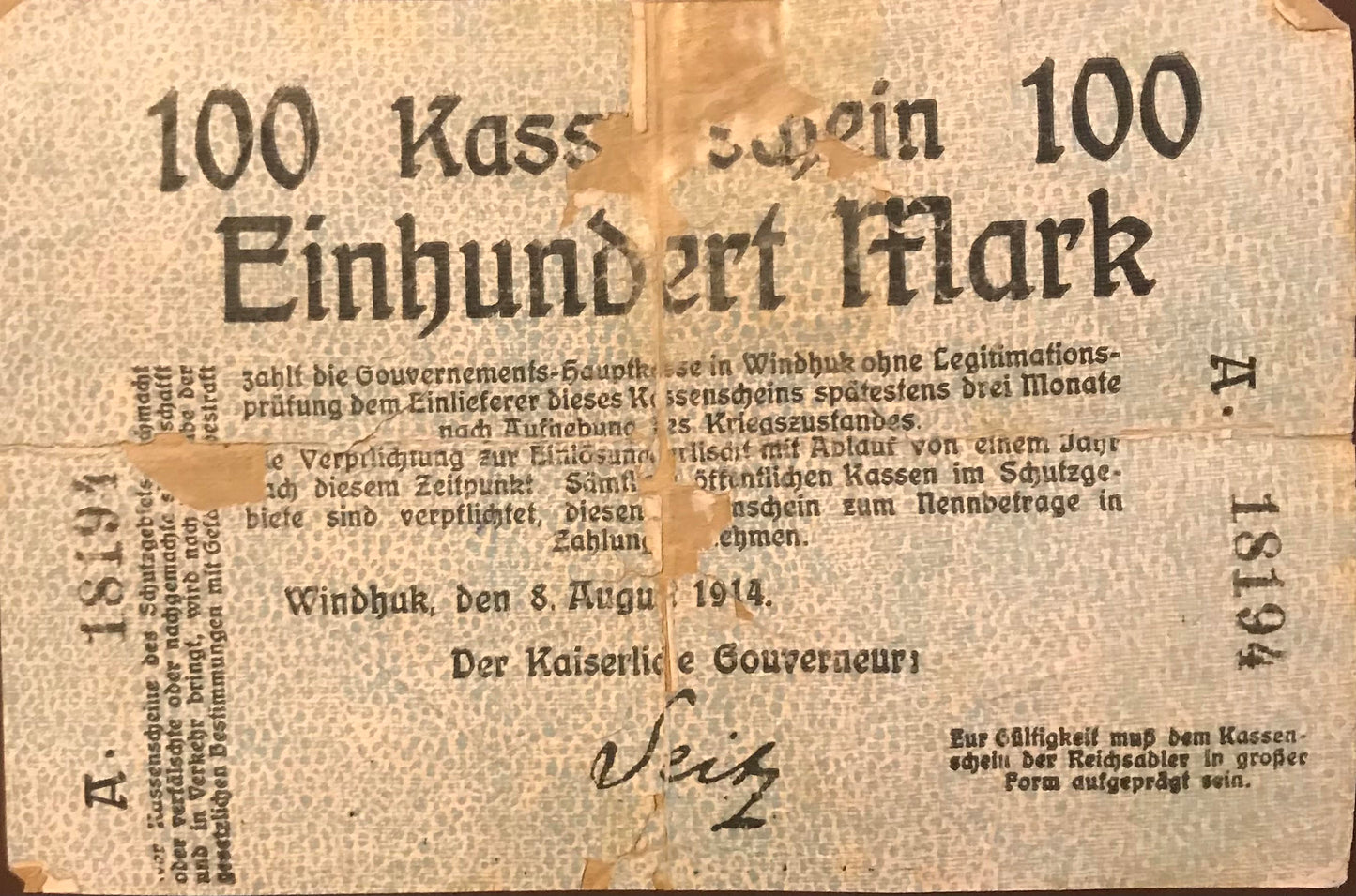 MV043 - Banknote - Seitz Kassenschein - 100 Mark - August 1914 - A. 18194
