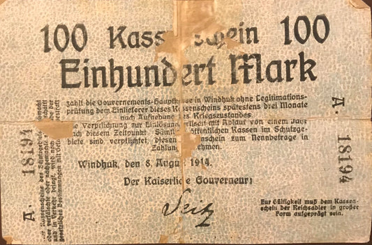 MV043 -  Banknote - Seitz Kassenschein - 100 Mark - August 1914 - A. 18194
