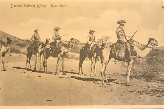 PC 0046 GSWA postcard - soldiers on Camels / DSWA Postkarte - Kamelreiter der Schutztruppe - Nachdruck: Peter's Antiques