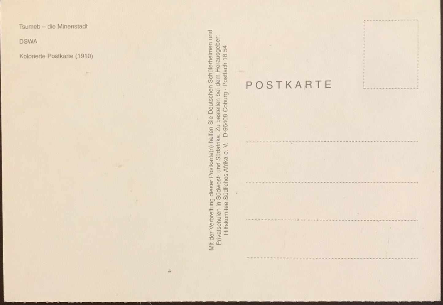 PC 0060 GSWA postcard - copper mine in Tsumeb / DSWA Postkarte - Kupferschmelze in Tsumeb - Nachdruck: Peter's Antiques