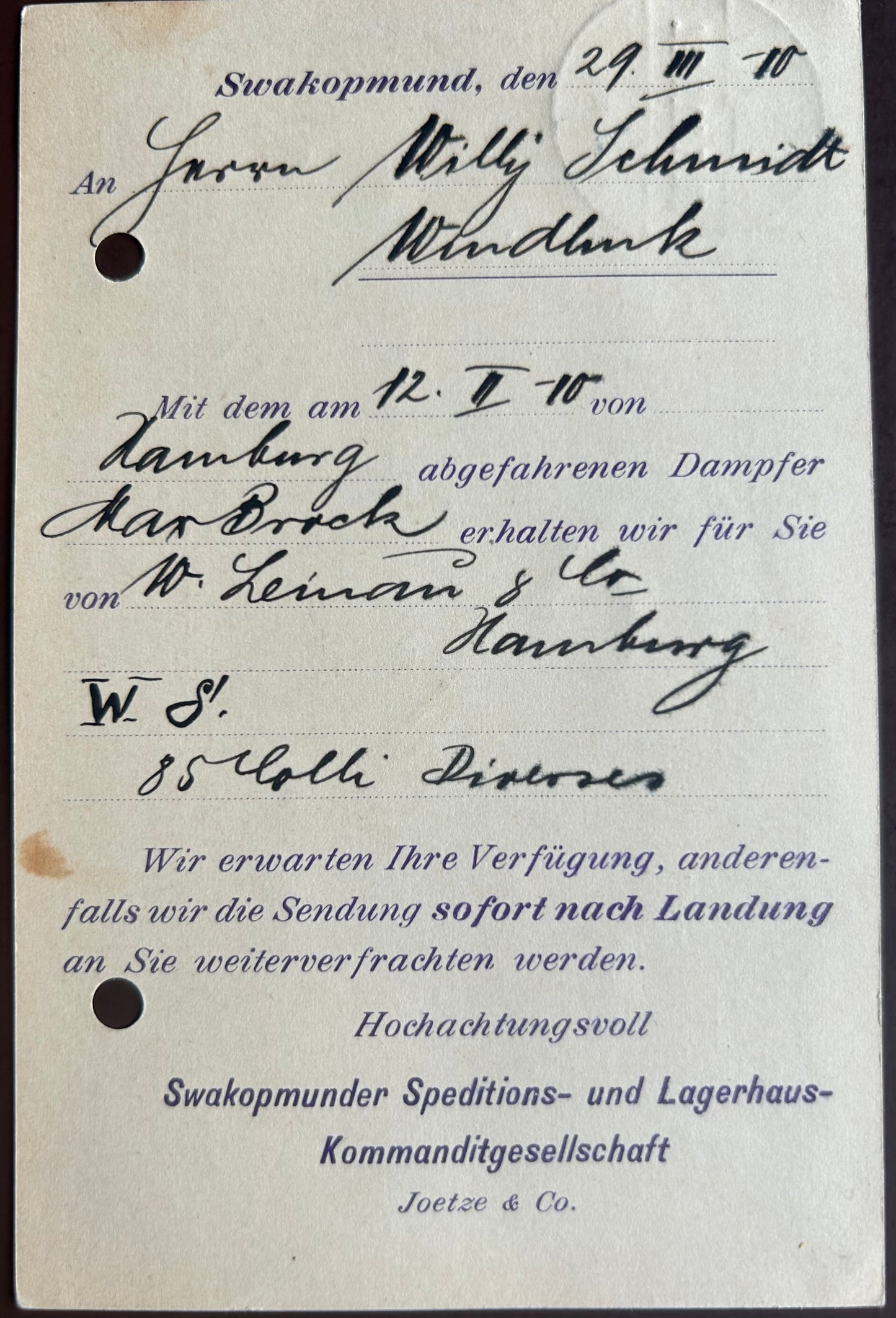 PC 0082 - DSWA - Herrn Willy Schmidt - 29.März 1910 - Swakopmunder Speditions - und Lagerhaus Kommanditgesellschaft