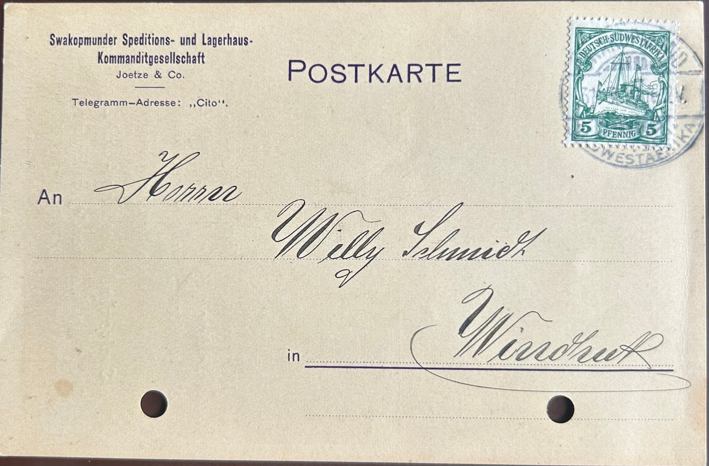 PC 0082 - DSWA - Herrn Willy Schmidt - 29.März 1910 - Swakopmunder Speditions - und Lagerhaus Kommanditgesellschaft