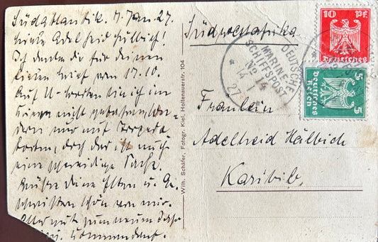 PC 0085 - DSWA - Forschungs- und Vermessungsschiff ,,Meteor'', datiert 7.Januar 1927, Fräulein Hälbich, gestempelt: Deutsche Marine Schiffspost