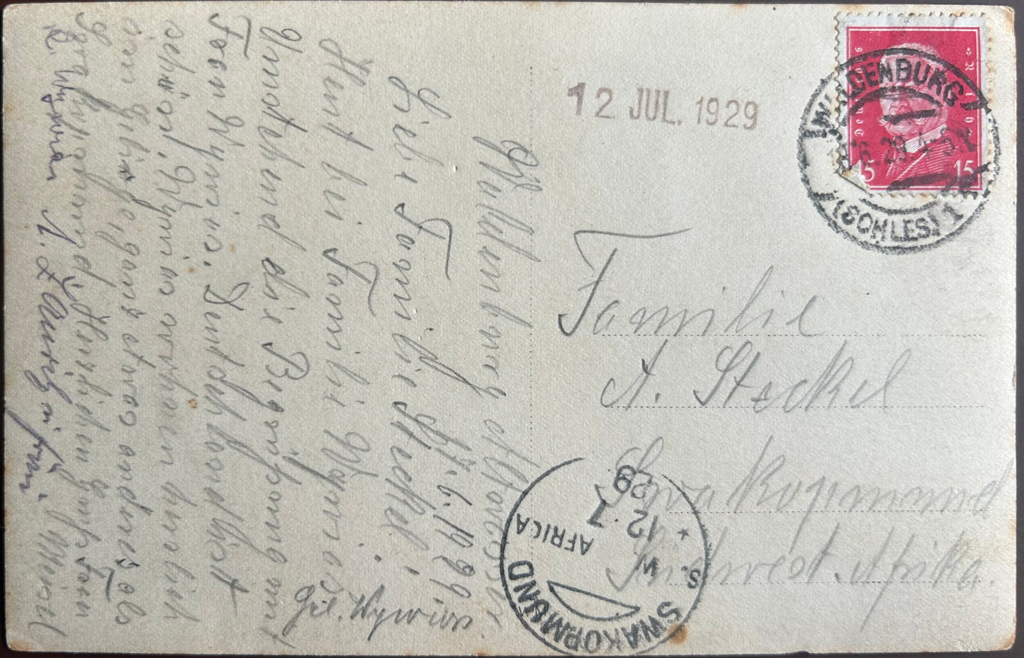 PC 0089 - SWA Postkarte - Begrüssung zweier Damen - Familie Steckel - 5.April 1929 mit abgestempelter 15 Pfennig Mark - Deutsches Volk