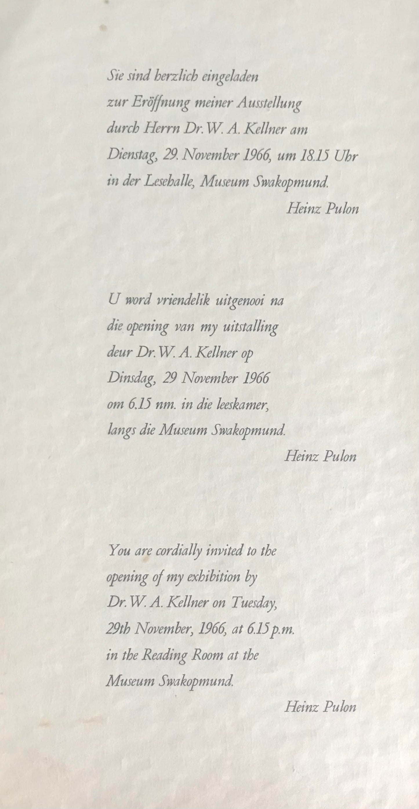 PC0104 - Invitation of Namibian artist Heinz Pulon 1966 / Einladung des Namibia Künstler Heinz Pulon 1966