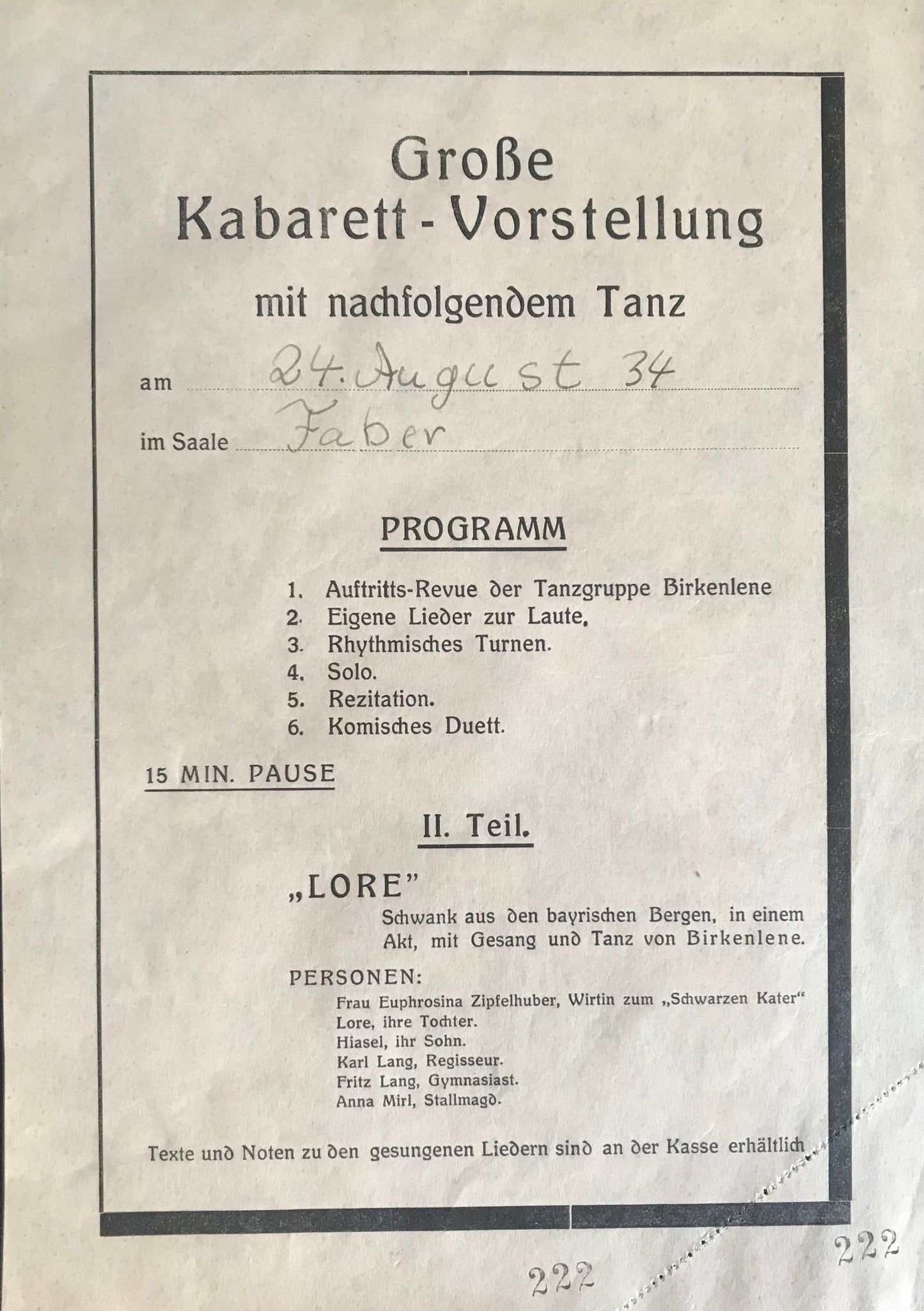 PC0135 - SWA - Programm - Grosse Kabarett-Vorstellung, 24.August1934, Swakopmund / Program of a Cabarett Show
