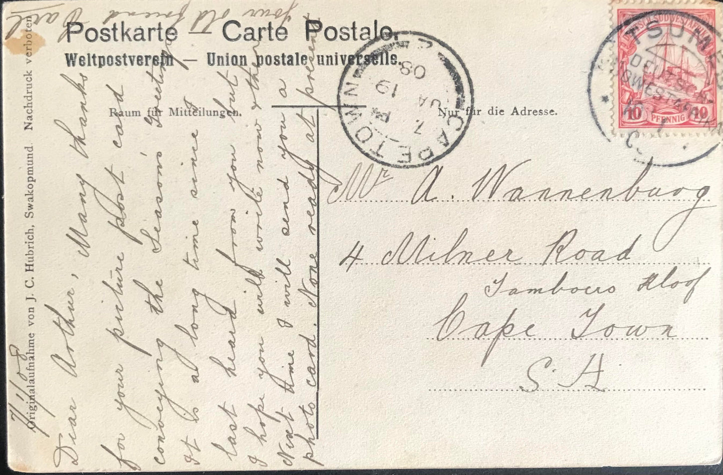 PC0146 - DSWA - Feld-Hereros vor Hütte - mit Briefmarke - 1908 / GSWA - Field-Hereros in front of hut - with stamp - 1908