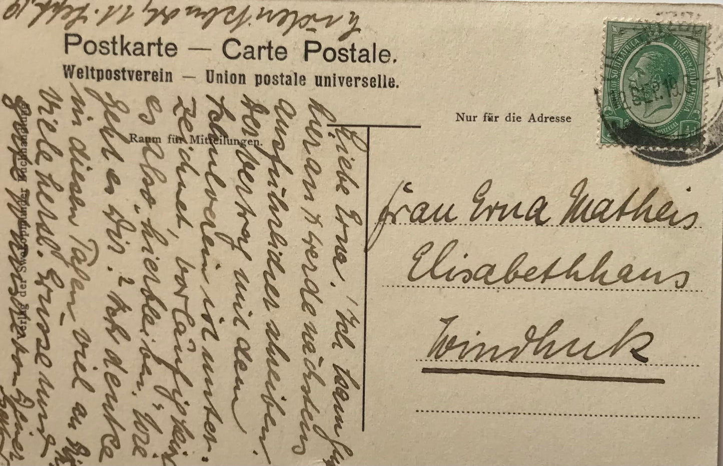 PC0151 - DSWA - Lüderitzbucht Stadtansicht 12.Sep 1919 mit Südafrika Briefmarke / GSWA - Townview of Lüdertiz Bay