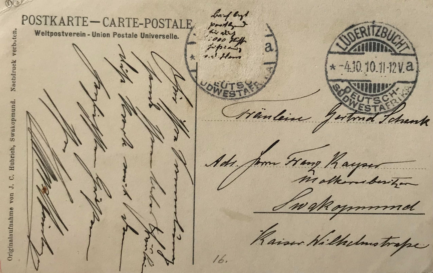 PC0186 - DSWA Postkarte - Überfallstelle bei Jerusalem - Geheimbotschaft unter Briefmarke - Okt.1910 / DSWA postcard - Raid site near Jerusalem - secret message under stamp