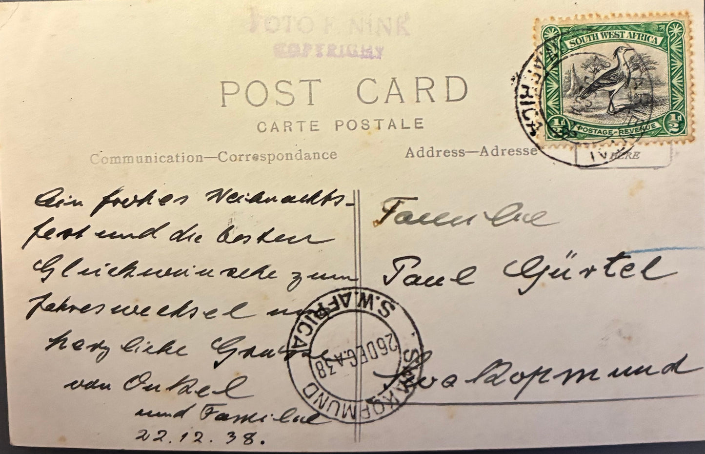 PC A 010.2 SWA Postkarte - Der Reiter von Südwest, Windhuk / SWA postcard - Der Horseman of Southwest, Windhoek, 1938