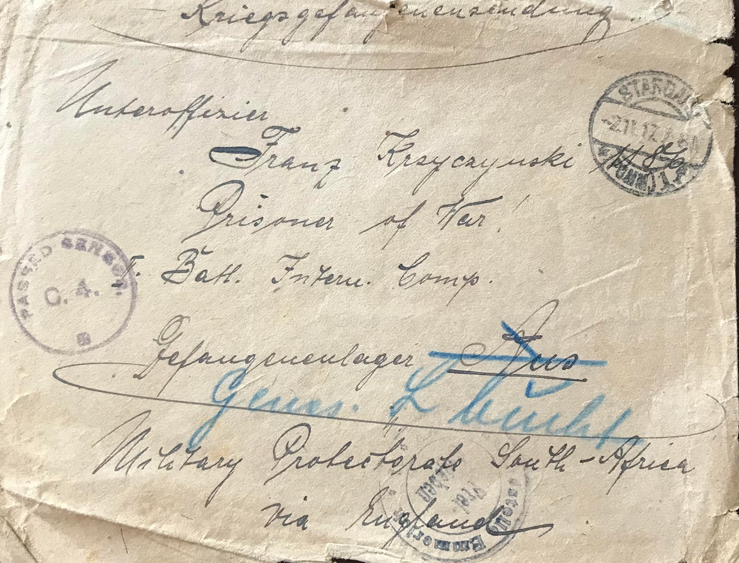 PC E011 - GSWA Kriegsgefangensendung -  Sensor gestanden - 1917 / GSWA prisoner of war consignment - sensor passed - 1917