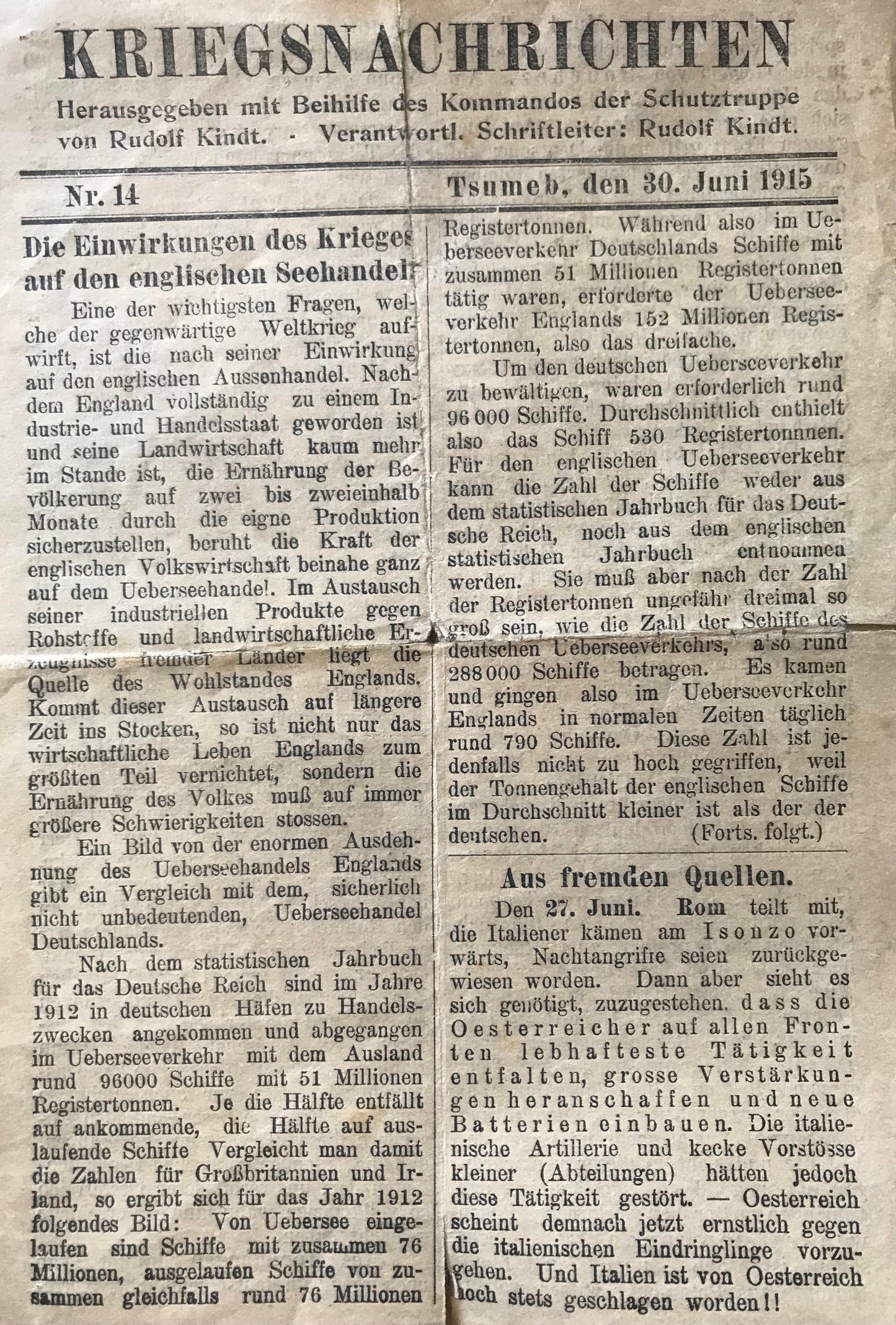 PC E012 - DSWA Kriegsnachrichten, Nr.14, Tsumeb 30.Juni 1915 /  DSWA War News, No.14, Tsumeb 30 June 1915
