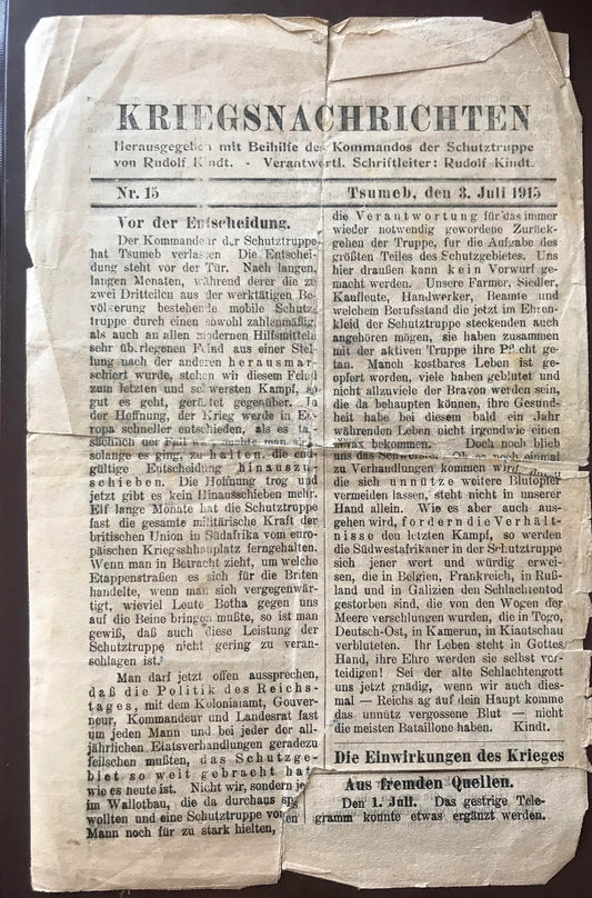 PC E013 - DSWA Kriegsnachrichten, Nr.15, Tsumeb 03. Juni 1915 / DSWA Kriegsnachrichten, Nr.15, Tsumeb 03 June 1915