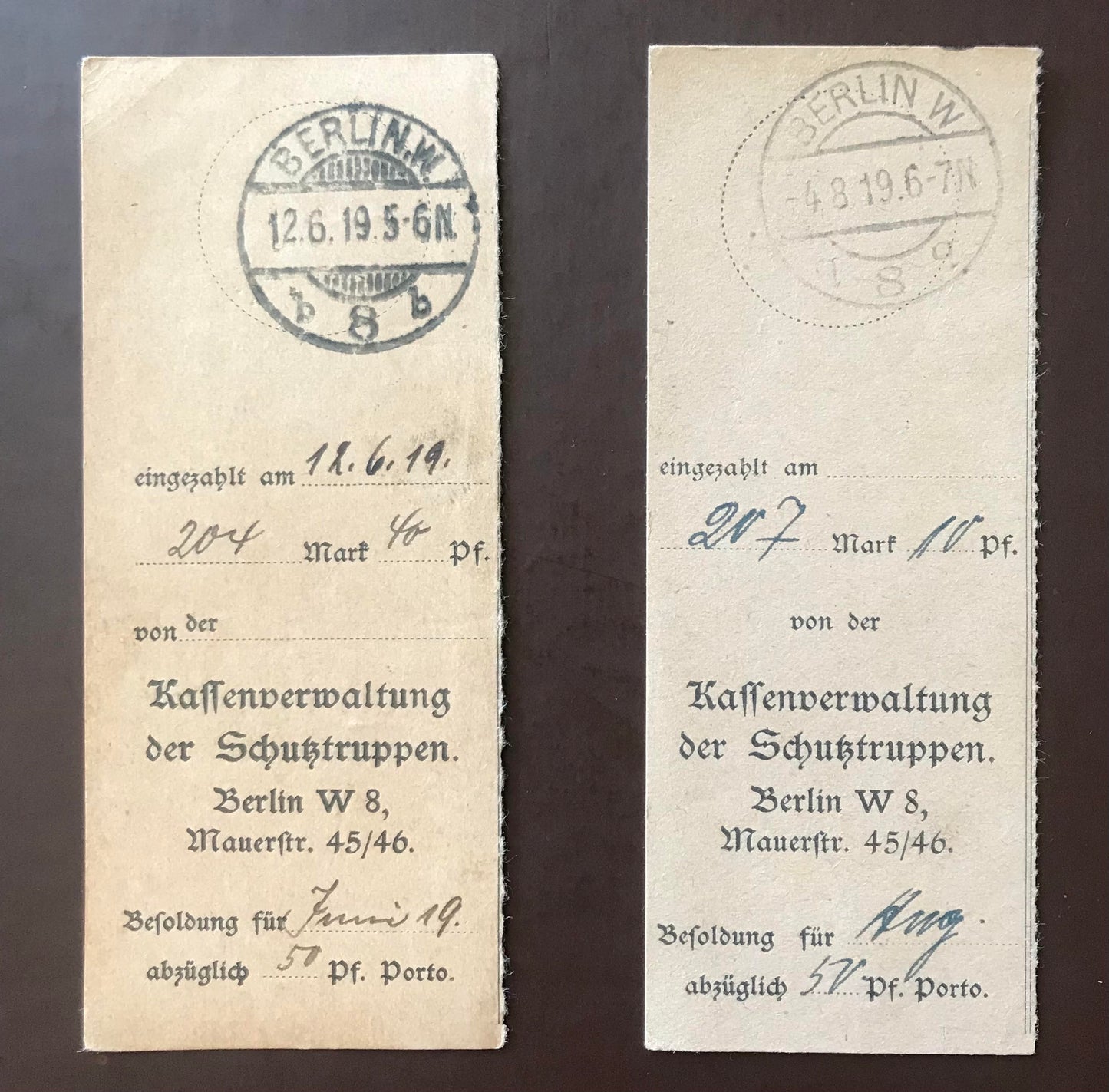 PC E015 - Deutsches Reich - 2 Kassenscheine der Schutztruppe 1919 / Deutsches Reich - 2 Cash voucher of the Schutztruppe 1919