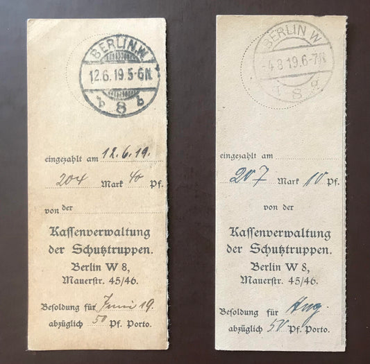 PC E015 - Deutsches Reich - 2 Kassenscheine der Schutztruppe 1919 / Deutsches Reich - 2 Cash voucher of the Schutztruppe 1919