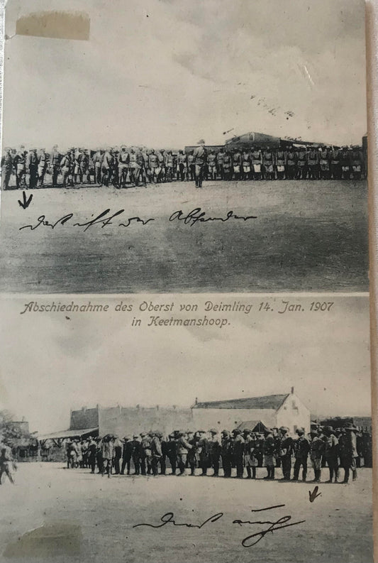 PC STR 11.7. DSWA Postkarte - Schutztruppe -  Abschied Oberst Deimling 1907, Keetmanshoop /