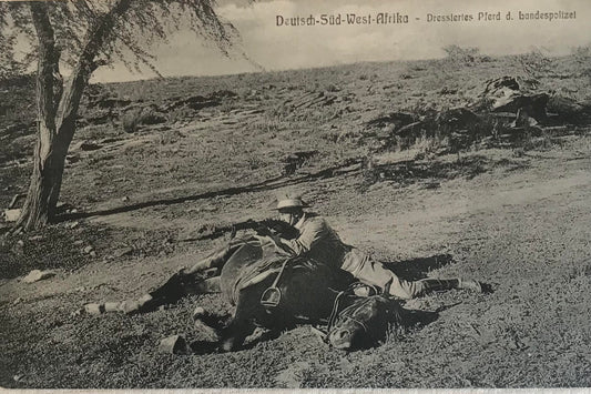 PC STR 2.5. GSWA postcard riders of the Schutztruppe, defending his position  / DSWA Postkarte eines Reiter der Schutztruppe, in Verteidigungsposition