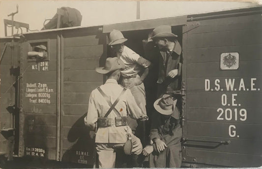 PC STR 6.2. DSWA Postkarte * Schutztruppe im Schmalspur-Zug / GSWA postcard - Schutztruppe in a train
