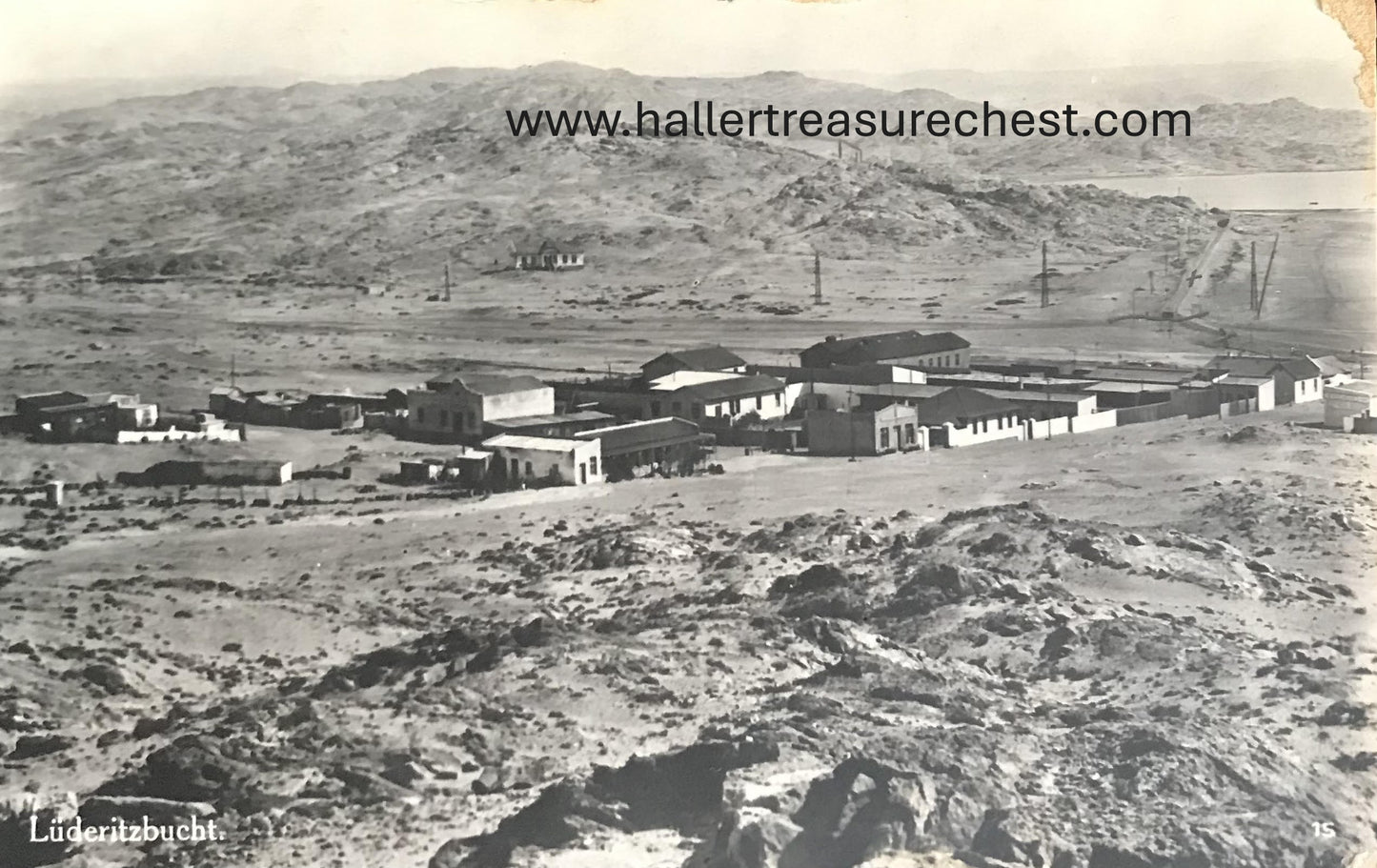 PC SWK-LUD 10.8. SWA Postkarte - Blick auf Lüderitzbucht, seltener Kolmanskop-Stempel / SWA postcard - View on Luderitz Bay, stamped