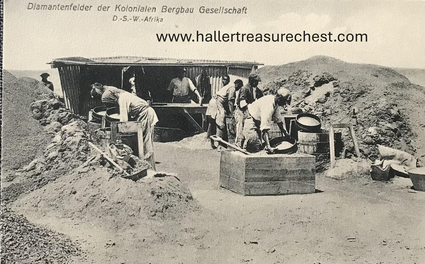 PC SWK-LUD 18.1. DSWA Postkarte, Diamantenfelder der Kolonialen Bergbau Gesellschaft bei Kolmanskop, J.C.Hubrich Sammling / GSWA postcard, Diamond fields of the Colonial Mining Company near Kolmanskop