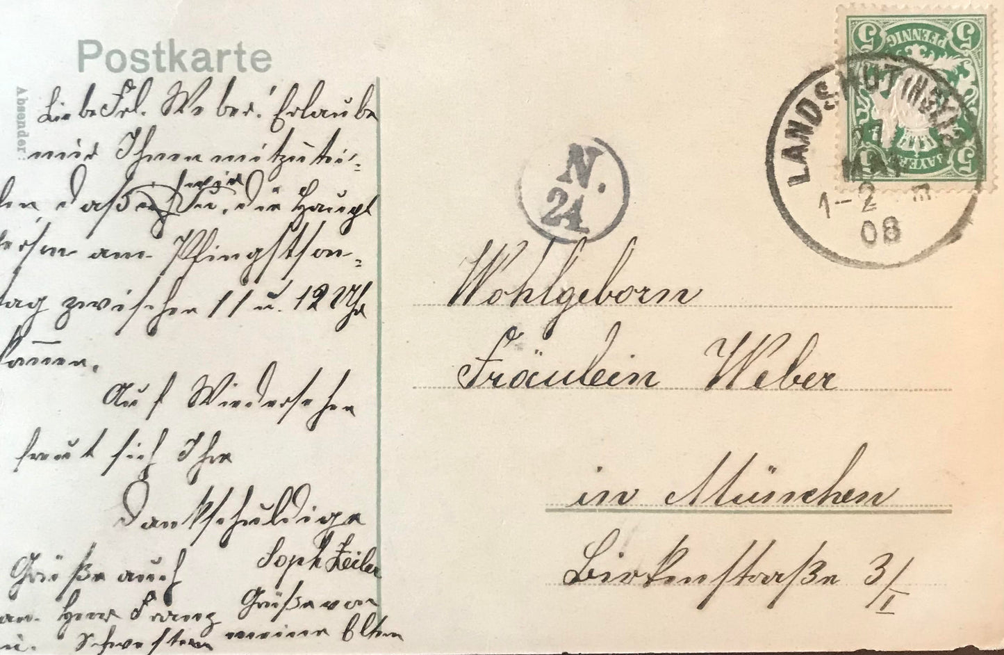 PC D017 - Deutsches Reich Postkarte - Vilshofen, 1908 mit 5Pfennig Bayern Briefmarke / German Reich postcard - Vilshofen, with a 5 Pfennig Bavaria postal stamp