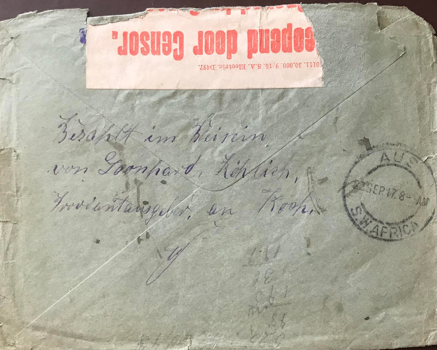 PC E011 - GSWA Kriegsgefangensendung -  Sensor gestanden - 1917 / GSWA prisoner of war consignment - sensor passed - 1917