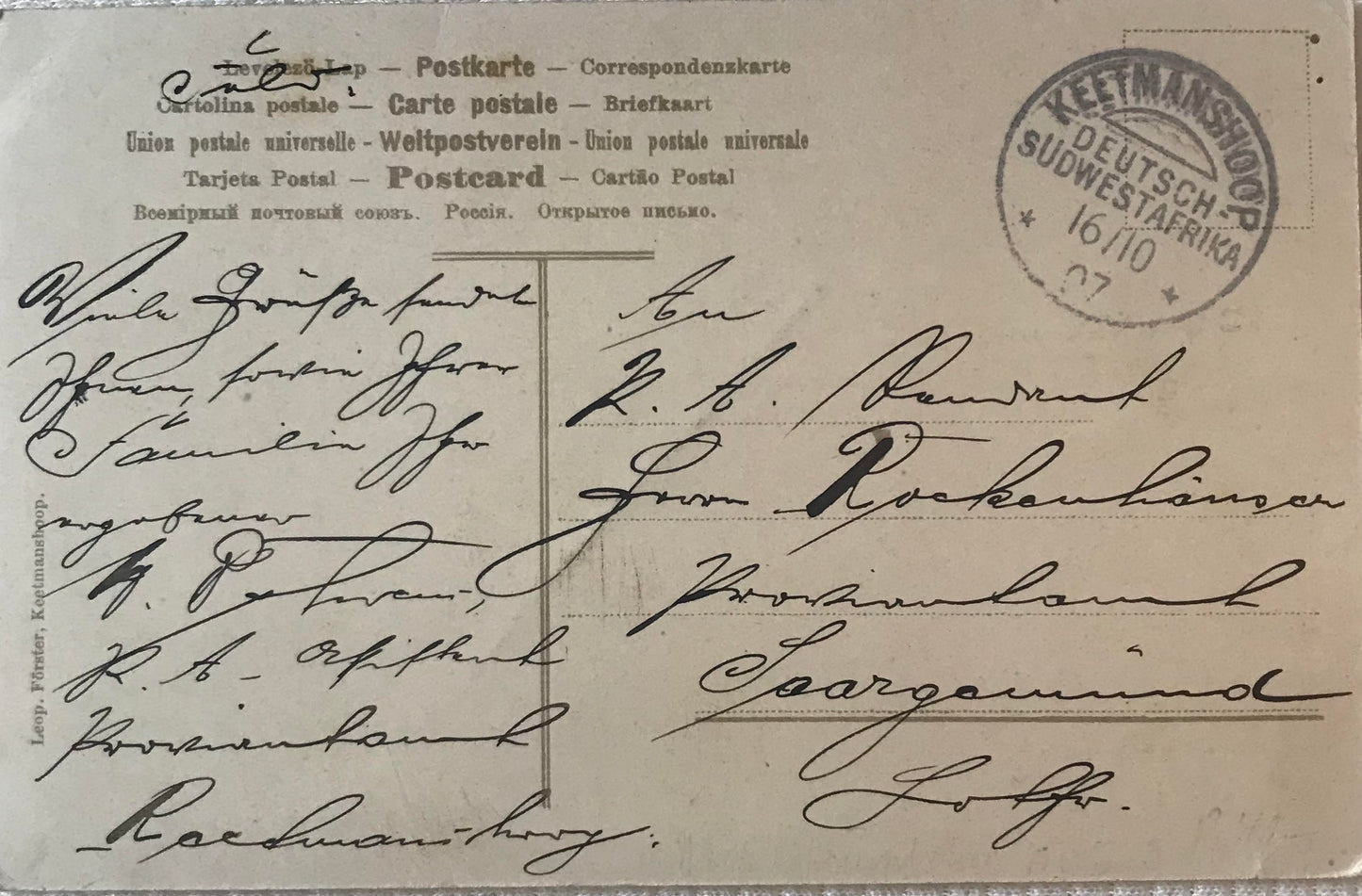 PC STR 11.7. DSWA Postkarte - Schutztruppe - Abschied Oberst Deimling 1907, Keetmanshoop /