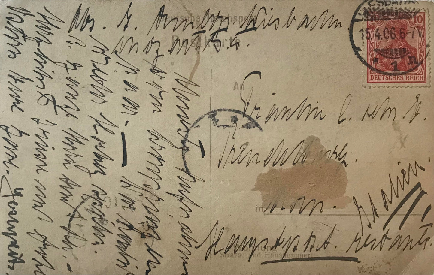 PC STR 20.2. Deutscher Soldat in Reichsuniform mit Gemählin / German soldier in Imperial uniform with wife, 10 pfenning postmarked in Wiesbaden on 15 April 1906