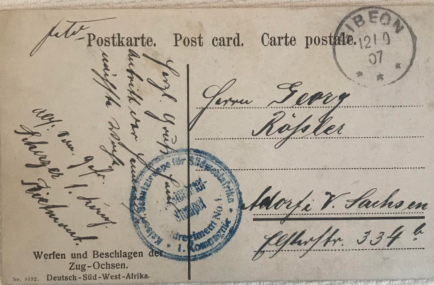 PC STR 9.1. DSWA Postkarte - Werfen und Beschlagen der Zugoschsen / DSWA Postcard - Throwing and shoeing the train axles