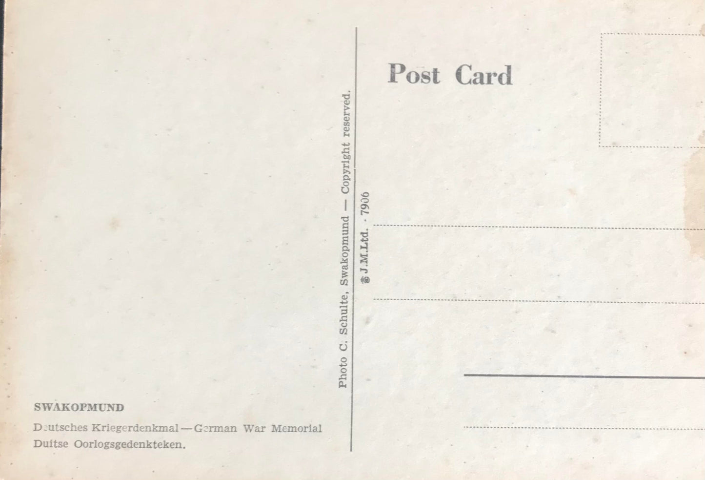 PC SWK 1.1. DSWA Postkarte - Marinedenkmal in Swakopmund / GSWA Postcard - Naval Monument in Swakopmund, Carl Schulte Collection, No 7906