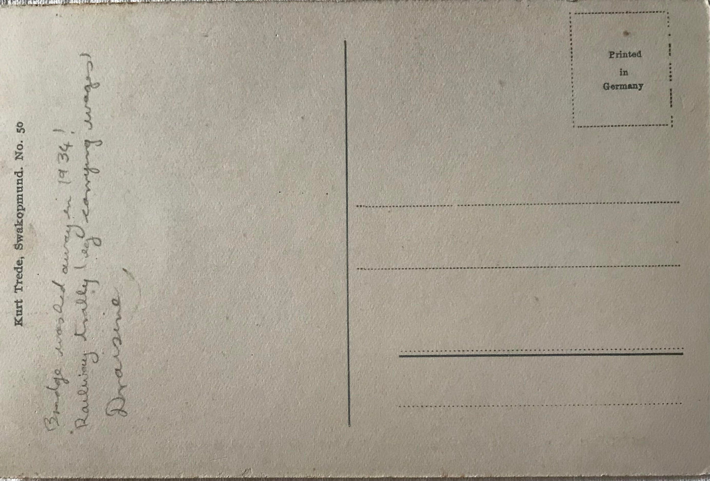 PC SWK 11.2. SWA Postkarte - Swakopmündung mit neuer Brücke und Motortrolly / SWA postcard - Swakop estuary with new bridge