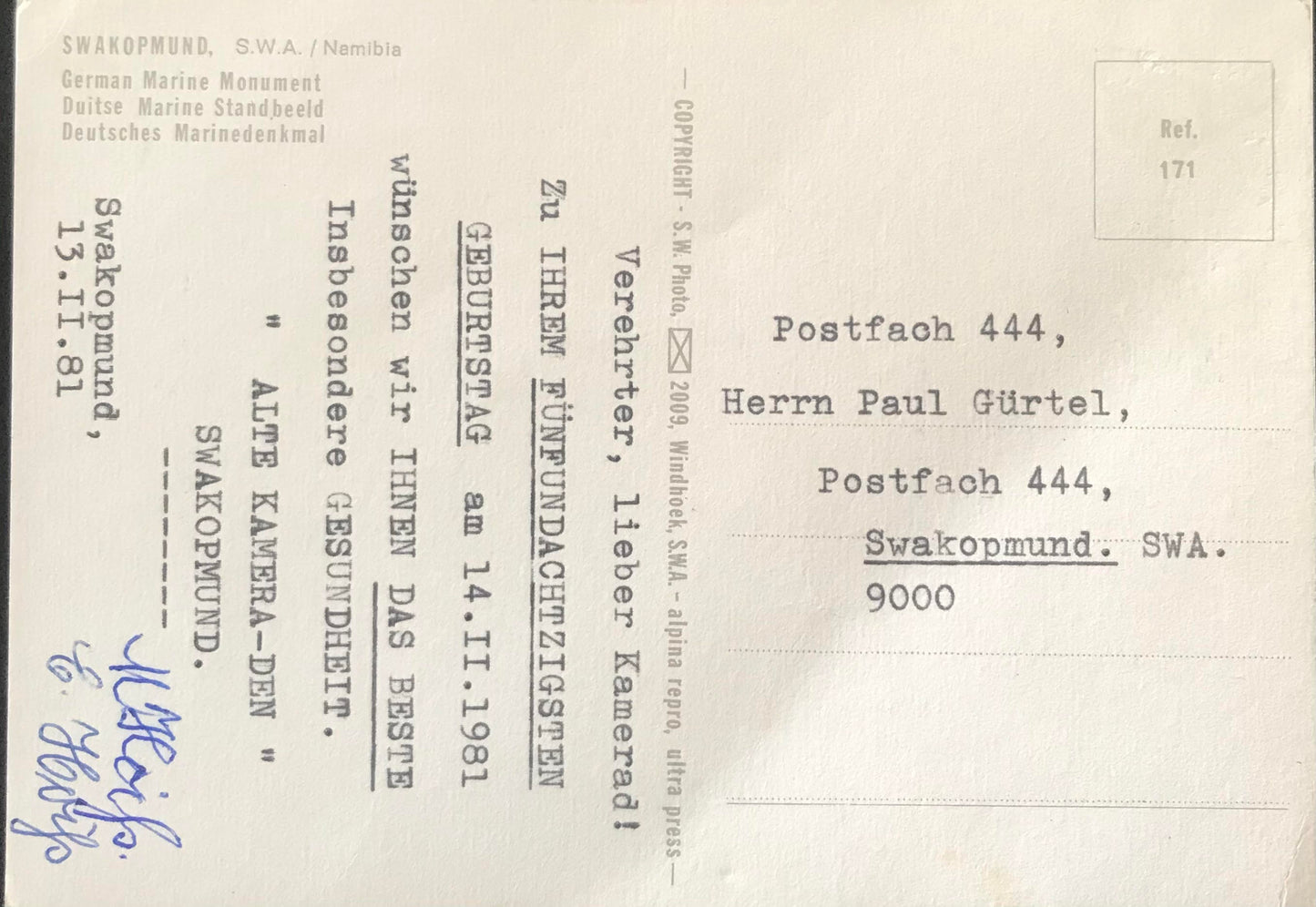 PC SWK 2.1. SWA Postkarte des Marinedenkmals in Swakopmund / SWA postcard of the naval memorial in Swakopmund, 13 November 1981