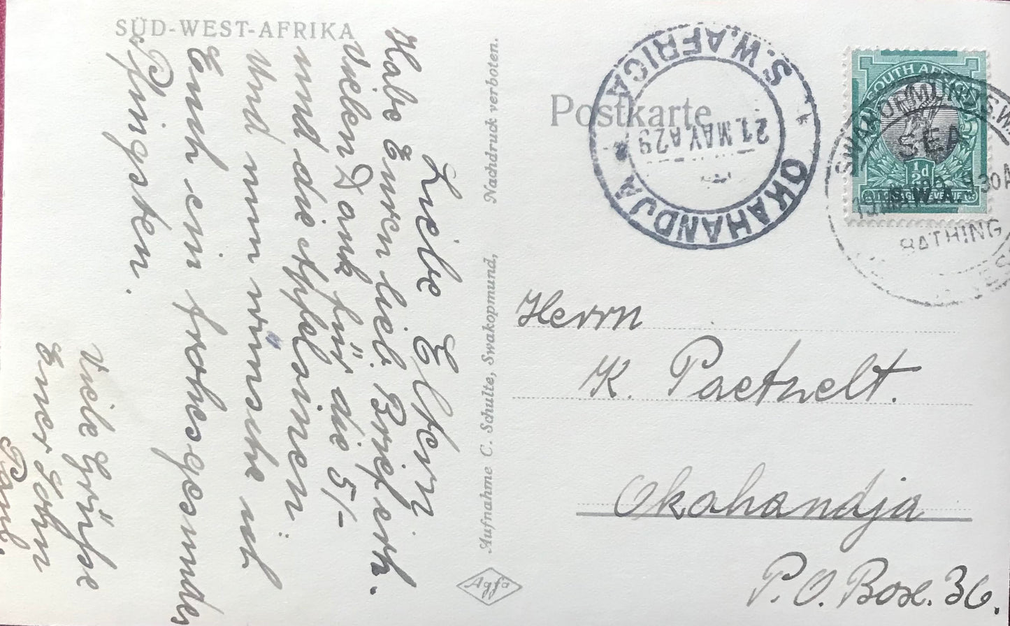 PC SWK 3.8. DSWA Postkarte - altes Strandhotel Swakopmund / GSWA postcard - old beach hotel Swakopmund, postmarked 19 May 1928 in Swakopmund