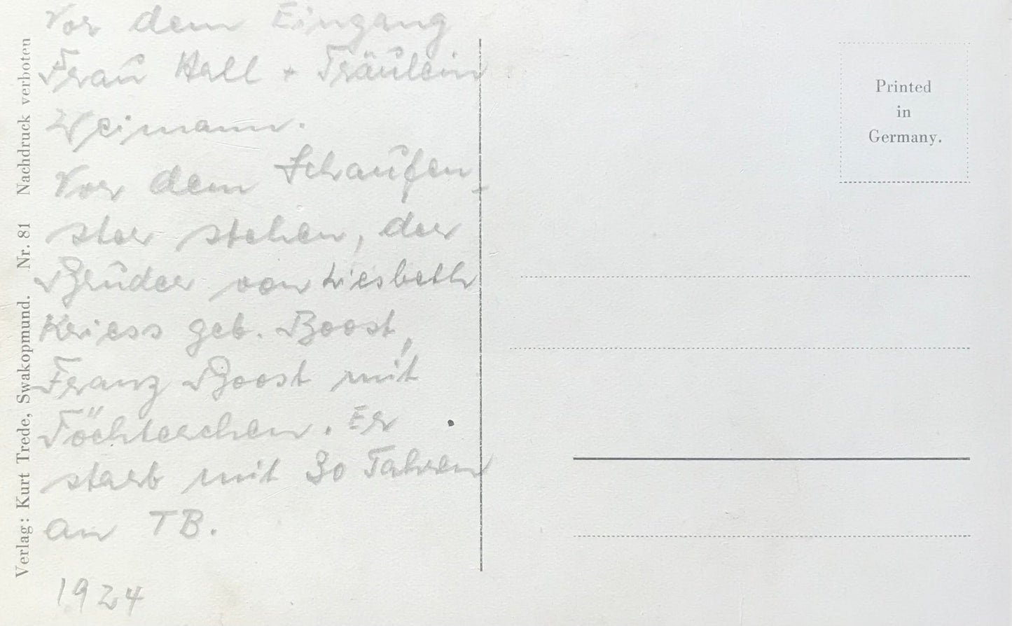 DSWA Postkarte - Kurt Trede, Swakopmund, 1924 GSWA postcard - Kurt Trede, Swakopmund, 1924