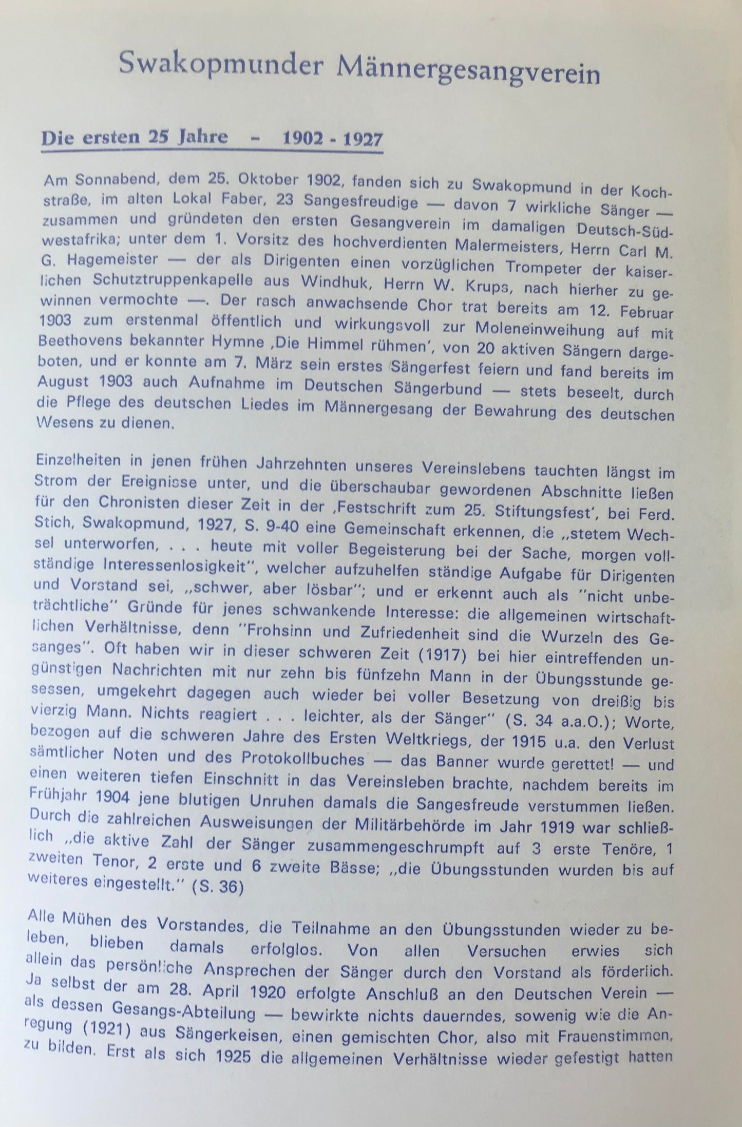 Book 2.23. SWA - Swakopmunder Männergesangverein 1902 - 1982 Festschrift 5.November 1982